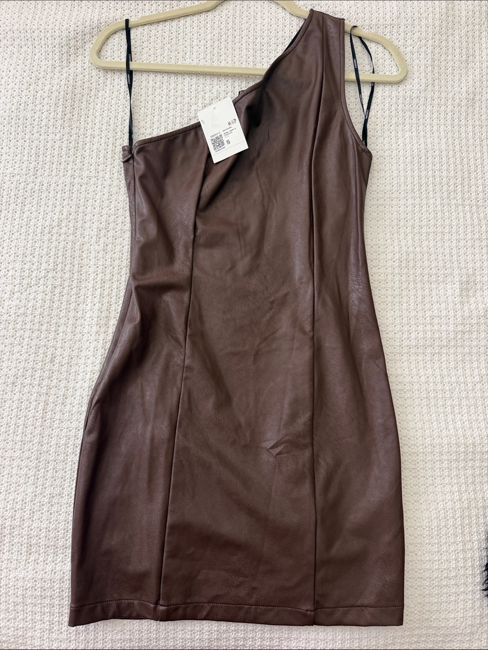 NWT Forever 21 One Sleeve Faux Brown Leather Mini Dress Sz Small